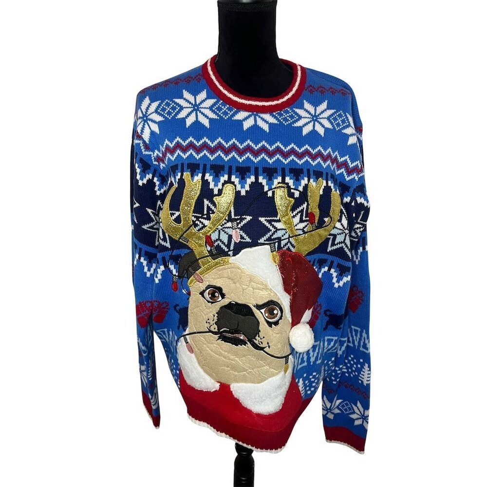 UGLY CHRISTMAS SWEATER FESTIVE HOLIDAY PUG/DOGW SANTA HAT MENS‎ SWEATER SIZE L